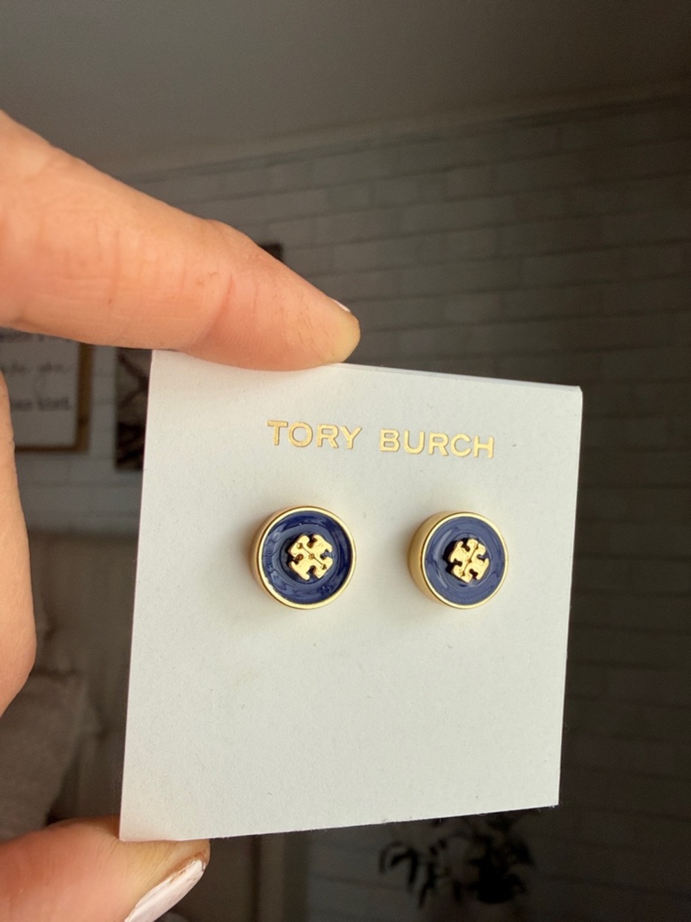 Tory Burch Navy and Gold Round Logo Stud Earrings - Picture 4 of 5